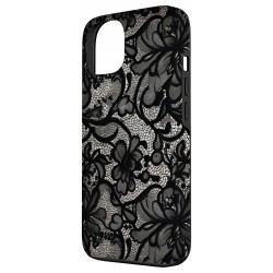 Outlet Czarno-białe koronkowe etui magnetyczne vintage do iPhone'a 13