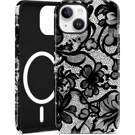 Outlet Koronkowe etui magnetyczne vintage do iPhone'a 15 czarno-białe