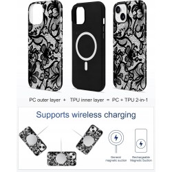 Outlet Koronkowe etui magnetyczne vintage do iPhone'a 15 czarno-białe