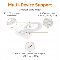 Outlet Amazon Basics listwa przeciwprzepięciowa 6 portów z USB-C i USB 1,5