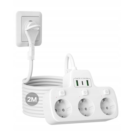 Outlet Listwa zasilająca 3 gniazda z płaską wtyczką, 2m, z osobnymi