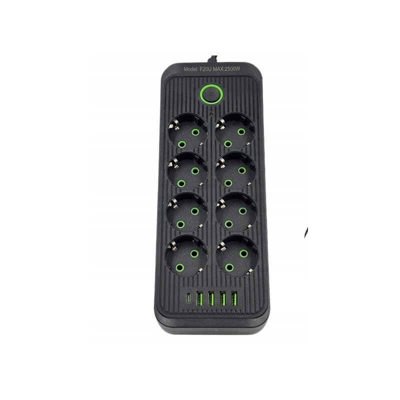 Outlet Przedłużacz listwowy LEDLUX dł. 2 m 8 szt. gniazd czarny IP20+ USB