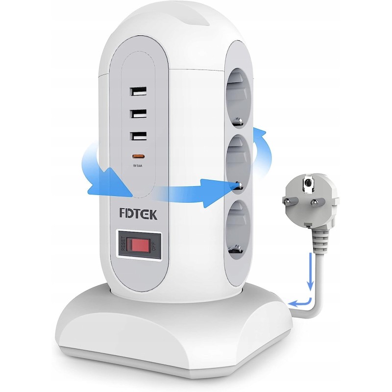 Outlet FDTEK listwa zasilająca 9 gniazd z wyłącznikiem i 4 portami USB