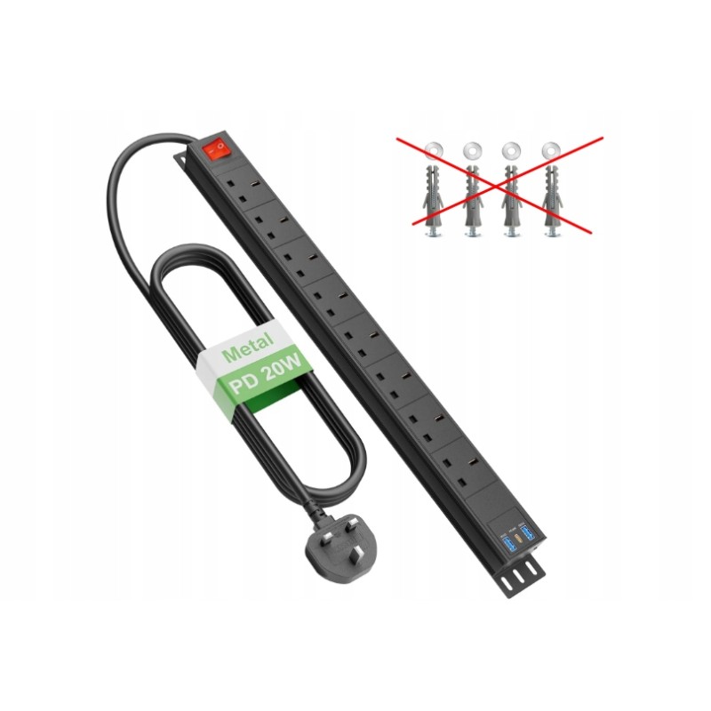 Outlet Listwa zasilająca 8 gniazd USB-C PD 20W przeciwprzepięciowa 1.8m UK