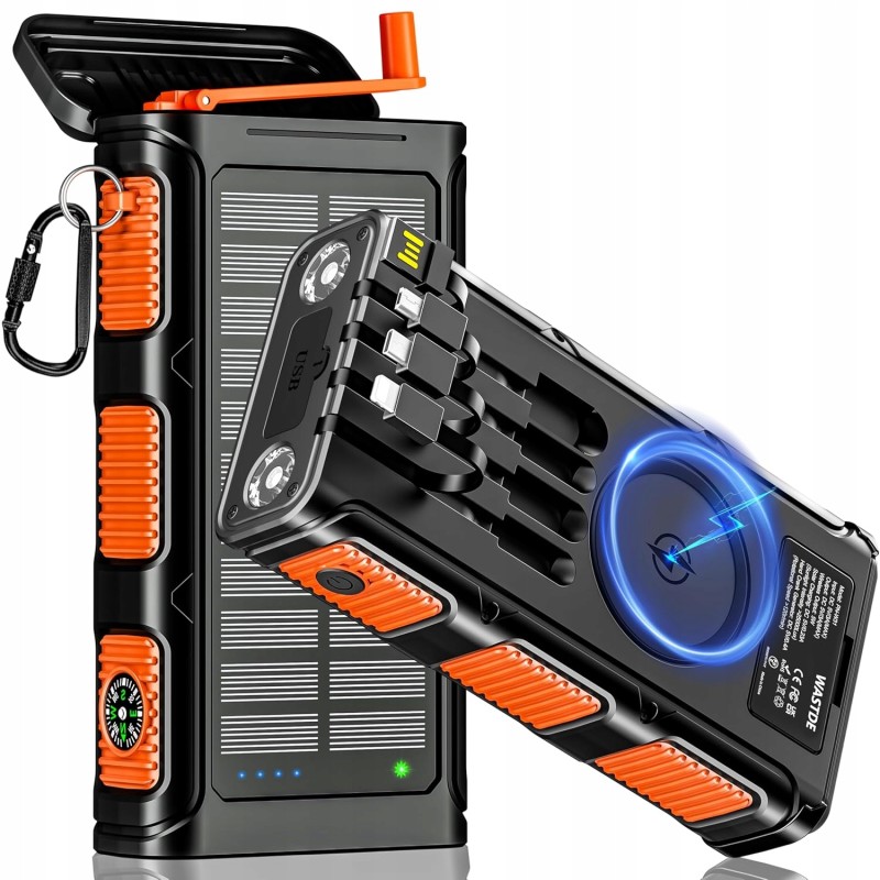 Outlet Powerbank solarny 26800mAh z korbą, 7 wejść, wodoodporny na camping