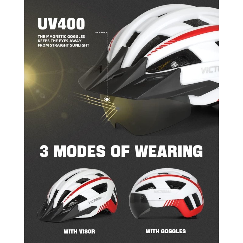 Victgoal Kask rowerowy z LED i wymiennymi okularami, M 54-58 cm, biały